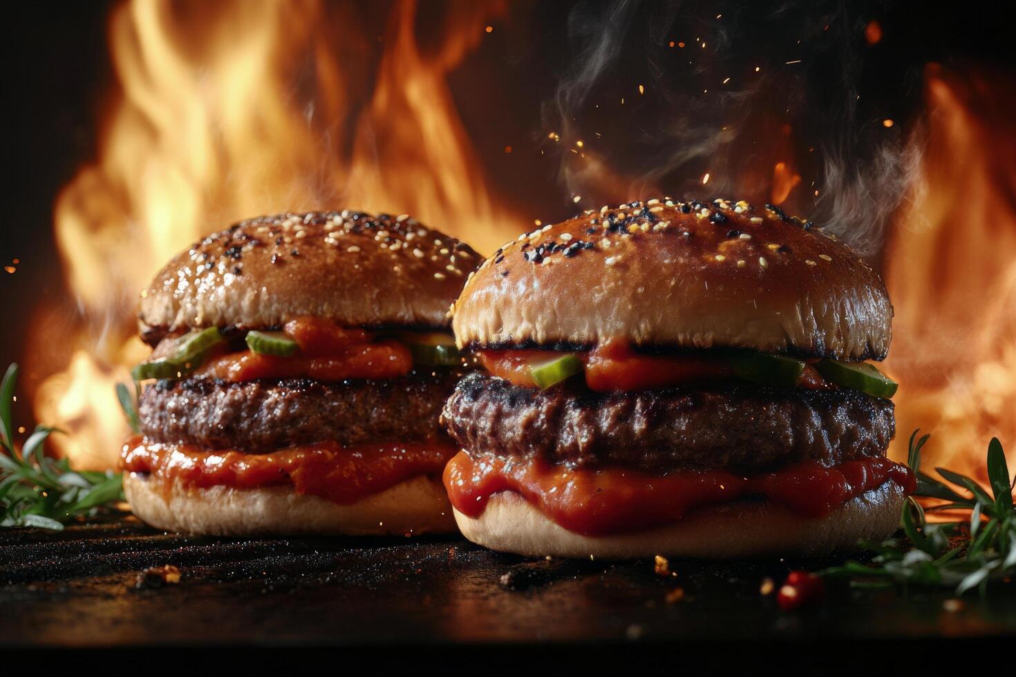 Juicy hamburgers sizzling on the grill with flames and smoke rising at a summer barbecue photo