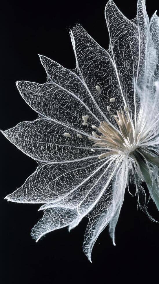 Intricate details of a dandelion seed head illuminated against a dark background at dawn photo
