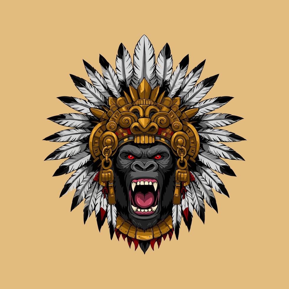 A snarling gorilla's head is depicted wearing a magnificent Aztec-style headdress adorned with feathers and gold. vector