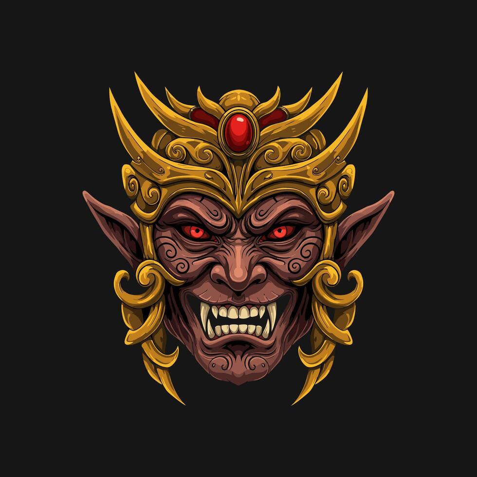 A digital illustration depicts a demonic face wearing a golden headdress with a red jewel, showcasing sharp teeth and intense red eyes. vector