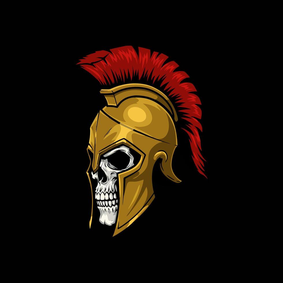 The image depicts a skull wearing a golden Spartan helmet adorned with a red crest a powerful and evocative symbol of ancient warfare. vector