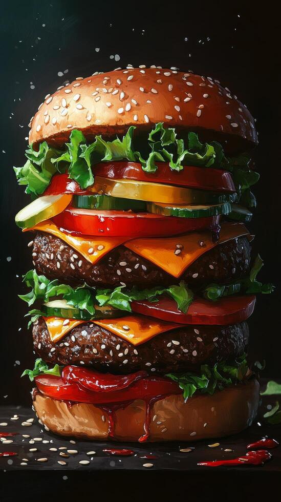 Juicy burger stacked with fresh vegetables served on a wooden table photo