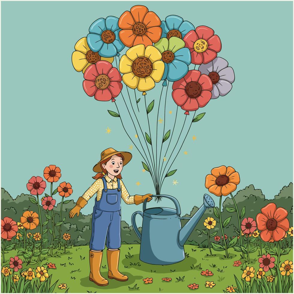 A cheerful girl gardener tends her garden, with a bouquet of colorful flowers resembling balloons above a watering can. vector