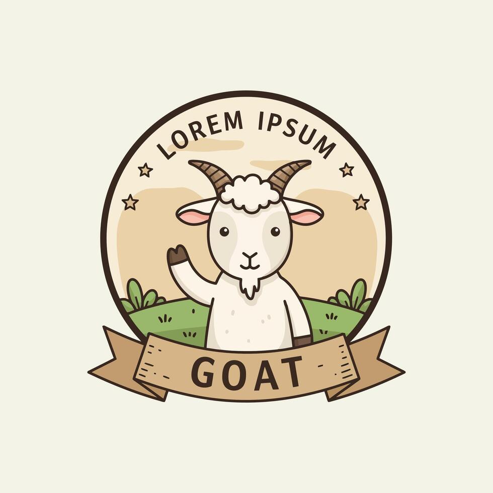 A charming cartoon goat waves hello within a circular logo design set against a pastoral backdrop. vector