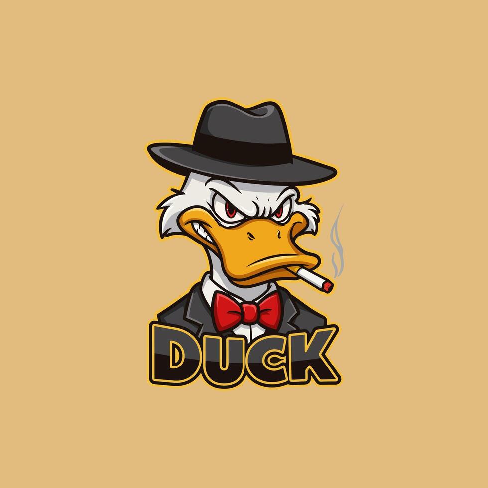 The image features a cartoon illustration of a gangster duck wearing a suit, hat, and bowtie, smoking a cigarette. vector