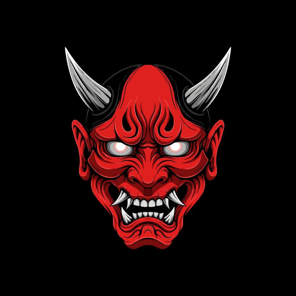 The image showcases a detailed illustration of a menacing red oni mask from Japanese mythology featuring sharp horns and glowing eyes. vector