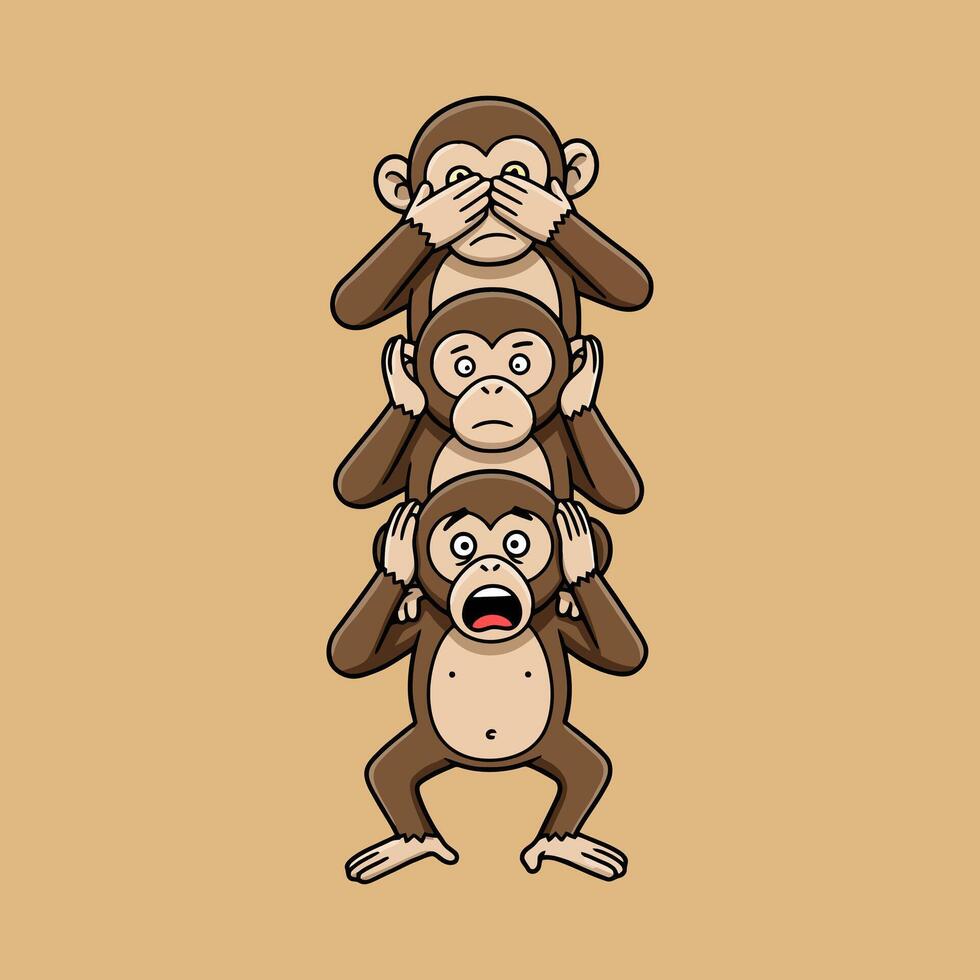 A cartoon illustration shows three monkeys stacked vertically, representing the proverb see no evil, hear no evil, speak no evil. vector