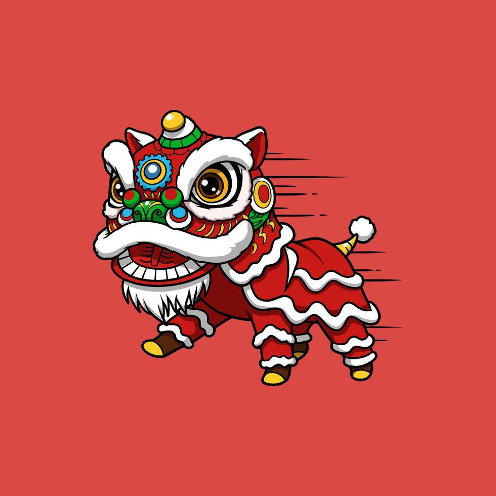 A stylized cartoon illustration depicts a red and gold lion dance costume in motion, suggesting a lively and energetic performance. vector