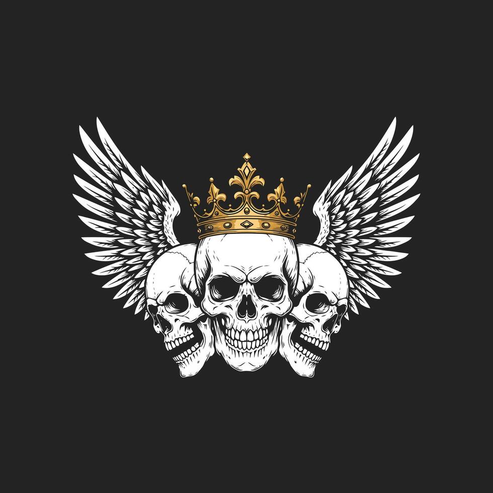 A graphic illustration depicts three skulls wearing a golden crown flanked by large wings against a black background. vector