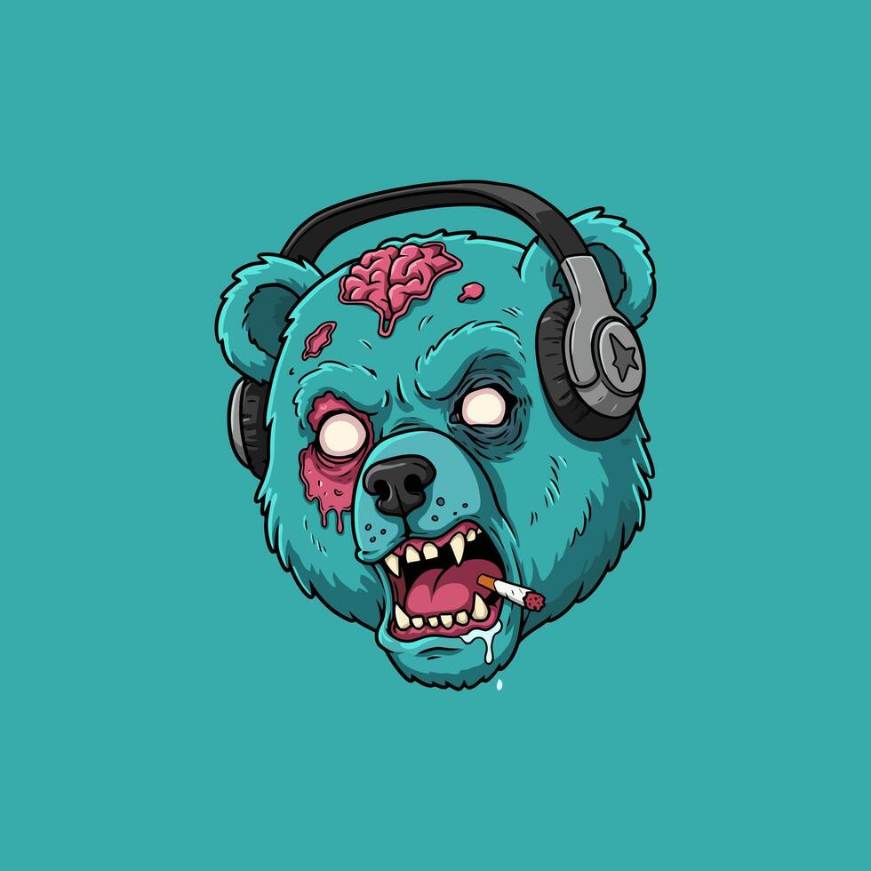 A stylized illustration of a teal zombie bear wearing headphones and smoking a cigarette its expression is aggressive. vector