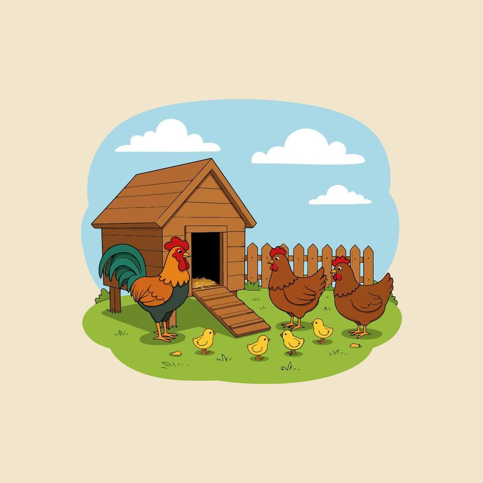 A cartoon illustration depicts a rooster, two hens, and their baby chicks near a wooden coop in a farmyard setting. vector