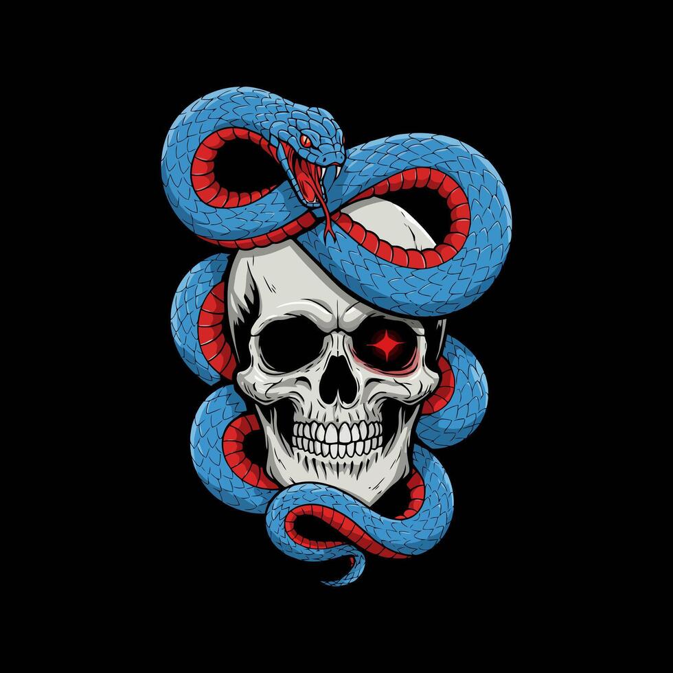 A stylized illustration depicts a blue snake with red accents encircling a human skull that has one glowing red eye. vector