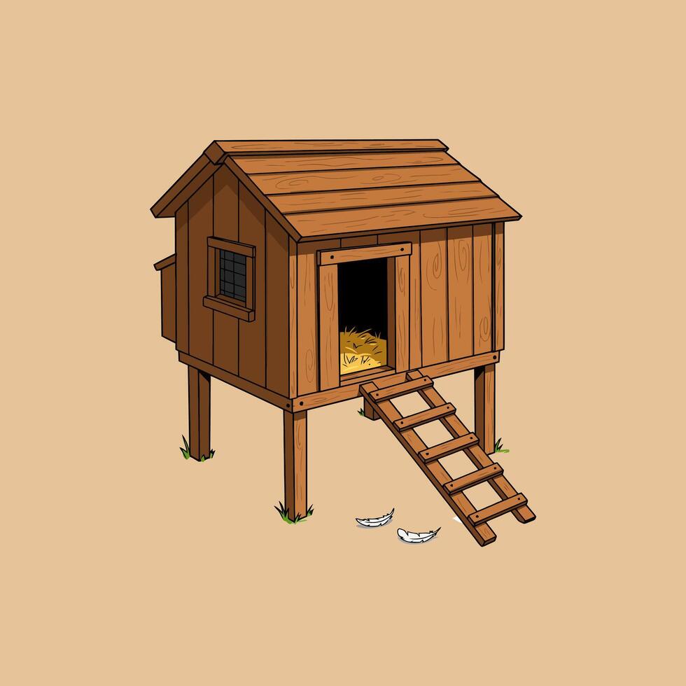 The image shows a charming wooden chicken coop elevated on posts with a small wooden ladder and a few feathers scattered on the ground. vector