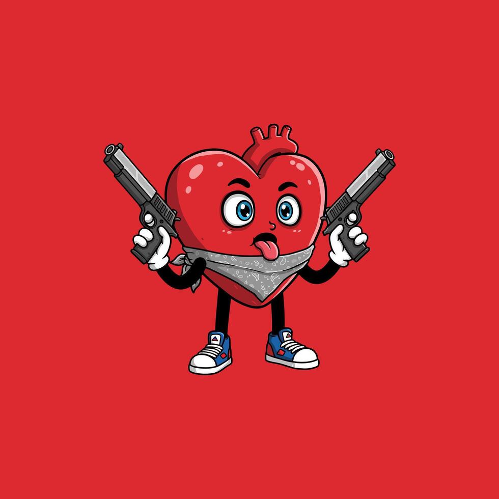 A stylized cartoon heart character, dressed as a gangster, holds two pistols. vector