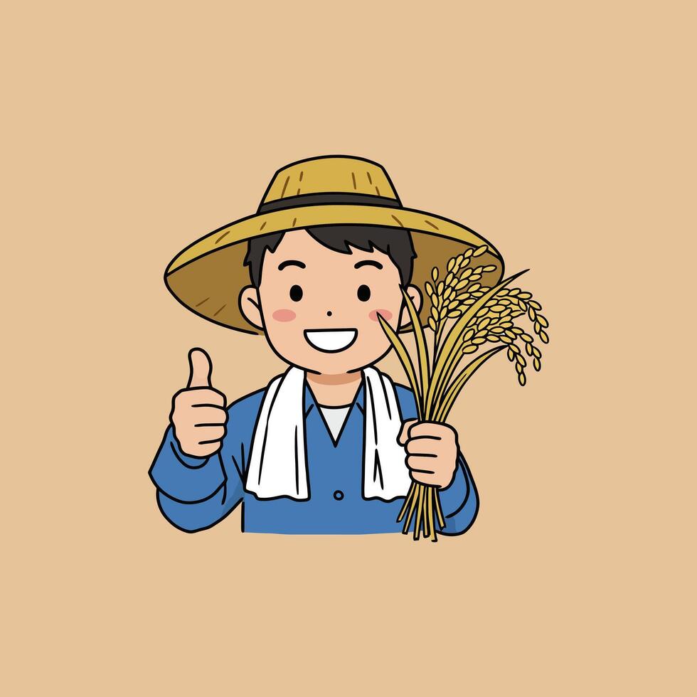 A cheerful cartoon farmer holds a bundle of rice and gives a thumbs up gesture, symbolizing a successful harvest. vector