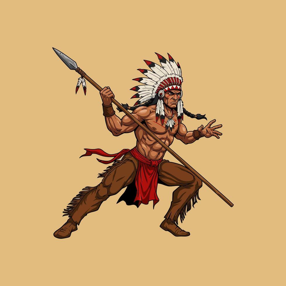 A powerful Native American warrior in full headdress is depicted wielding a spear in a fighting stance. vector