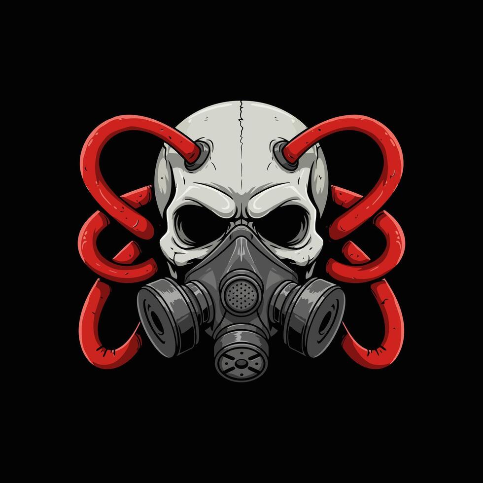 A stylized skull wearing a gas mask is surrounded by red tubes, creating a dark and ominous image. vector