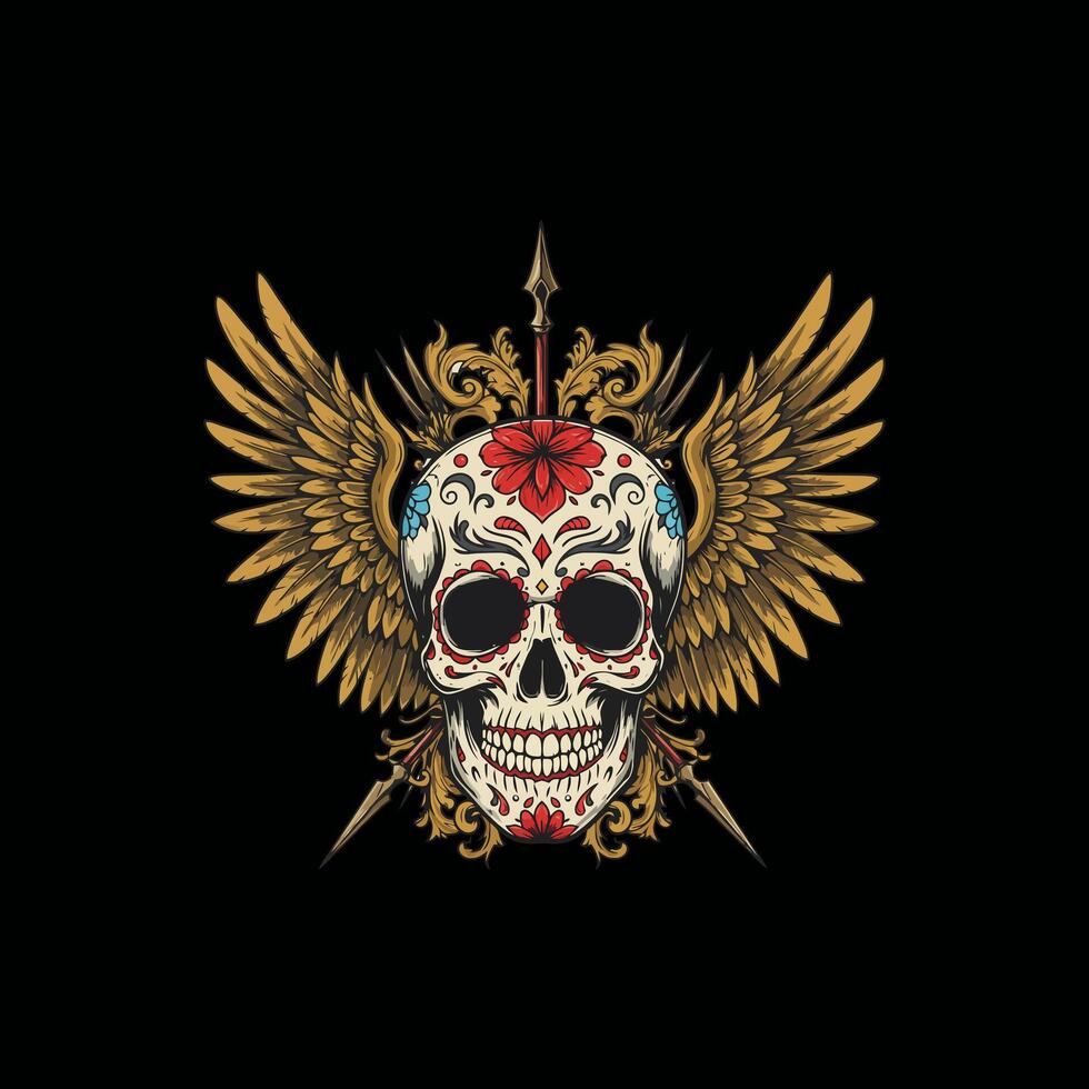 A detailed illustration of a sugar skull with wings, ornate detailing, and spears creating a striking visual. vector
