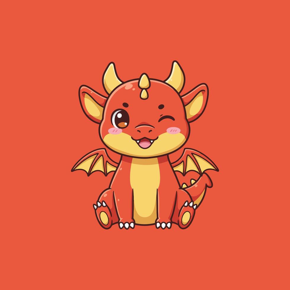 A cute cartoon depiction of a small red dragon winking playfully while sitting. vector