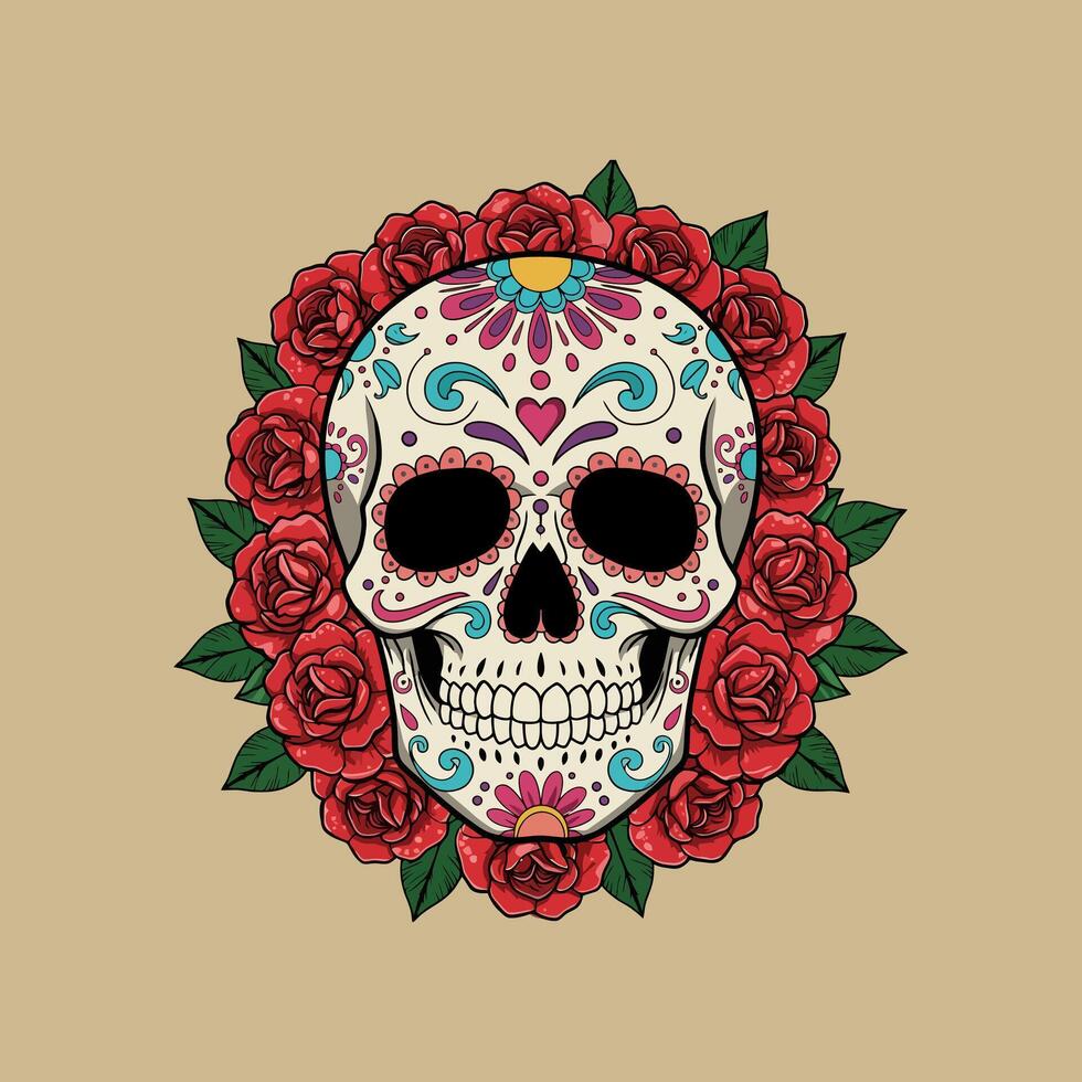 A vibrant illustration depicts a decorated sugar skull encircled by a wreath of red roses, symbolizing Dia de los Muertos. vector