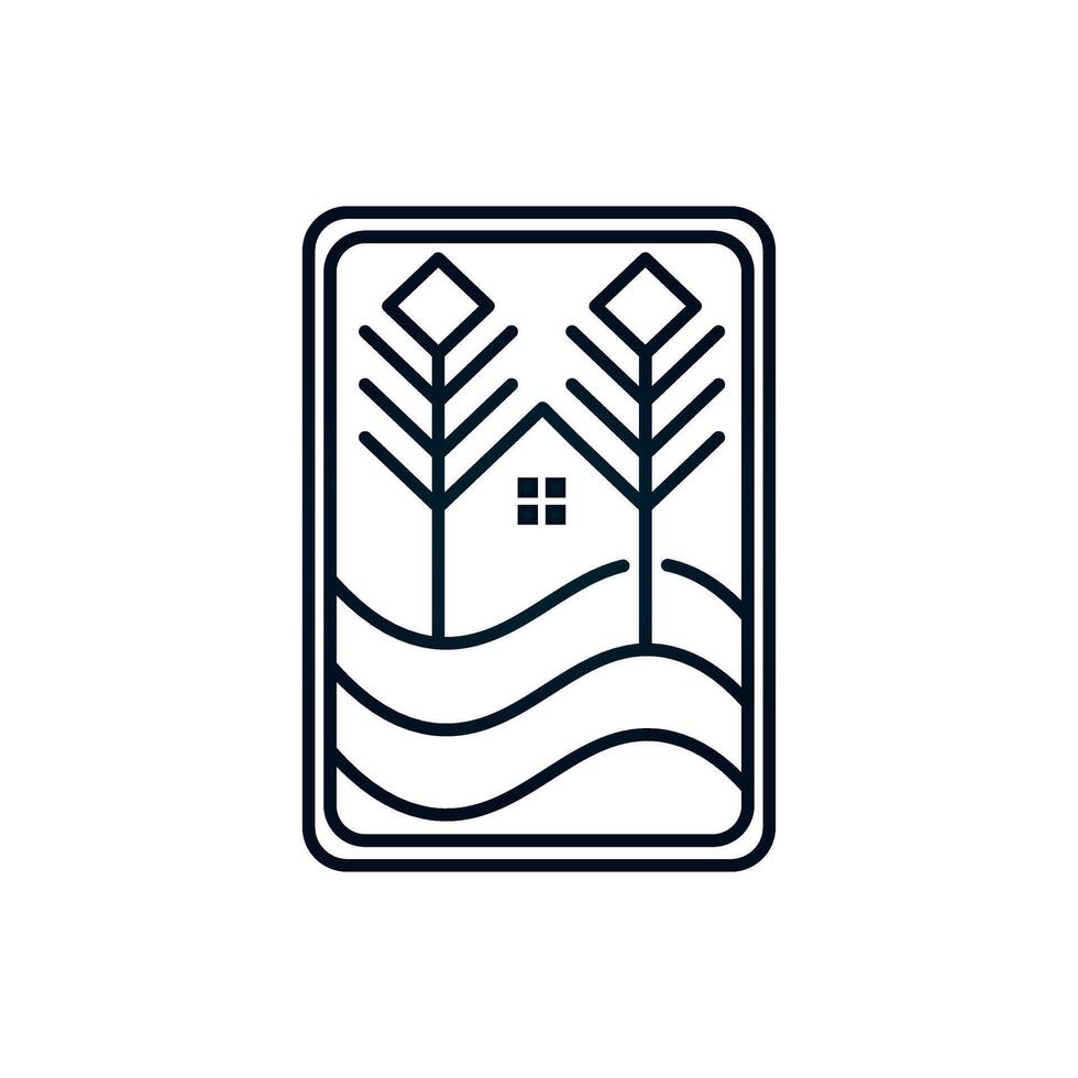 Minimalist house with two stylized trees and wavy lines logo illustration. vector