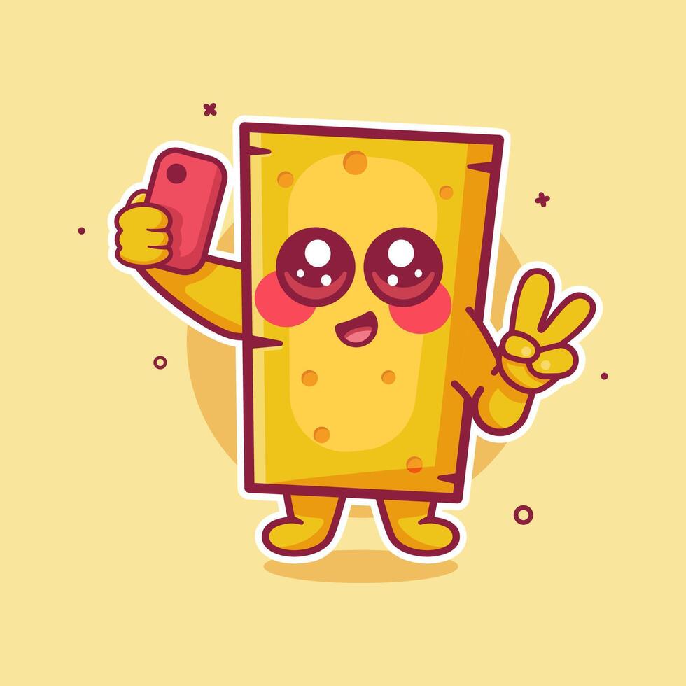 smiling cheese food character mascot taking a selfie with a smartphone isolated cartoon vector