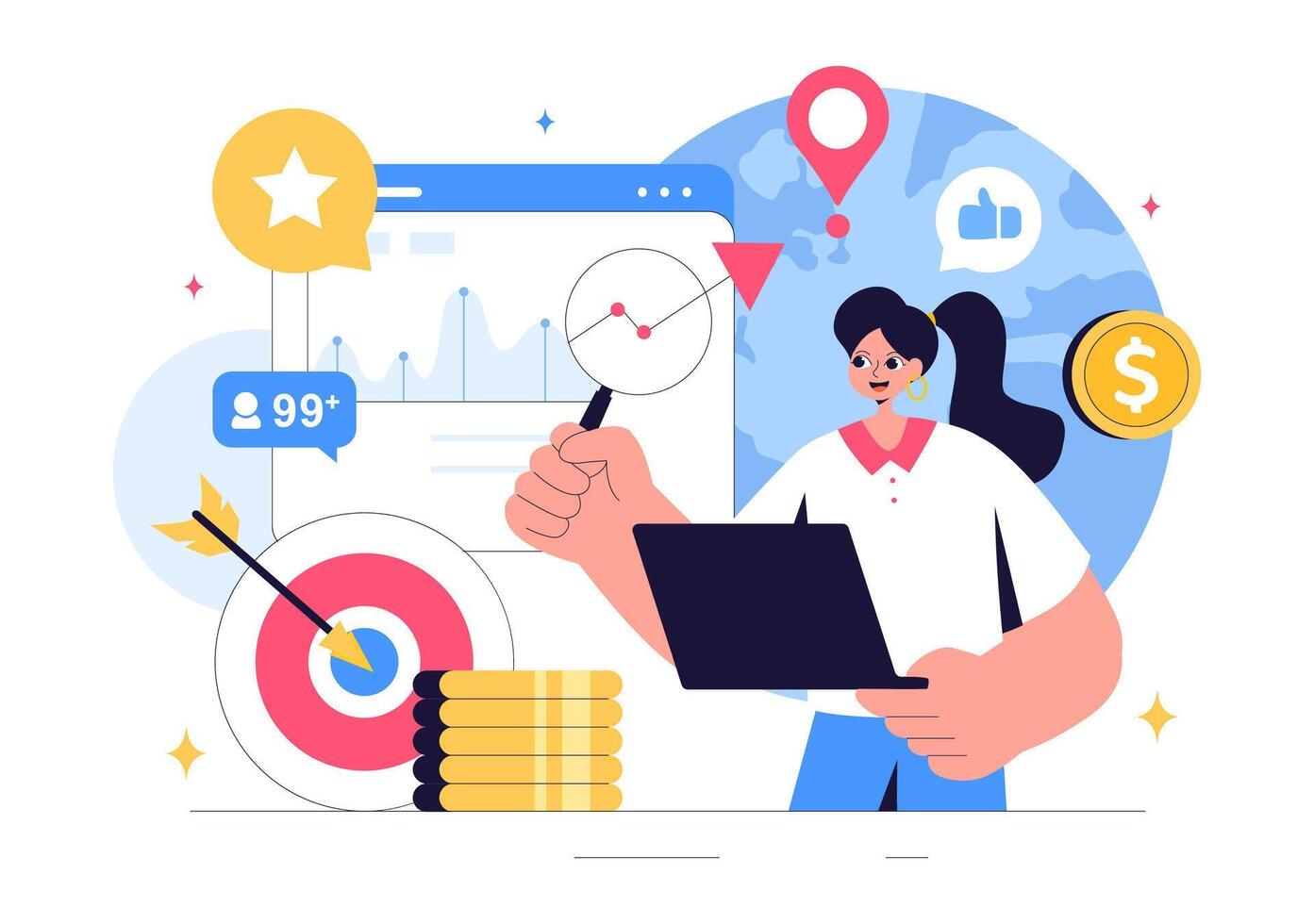 Business Trend Monitoring Illustration Featuring a Professional Analyzing Market Trends in a Flat Cartoon Background vector