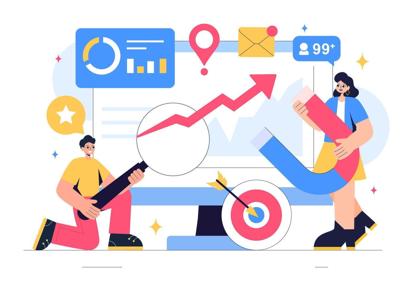 Business Trends and Insights Illustration with a Professional Analyzing Market Data in a Cartoon Background vector