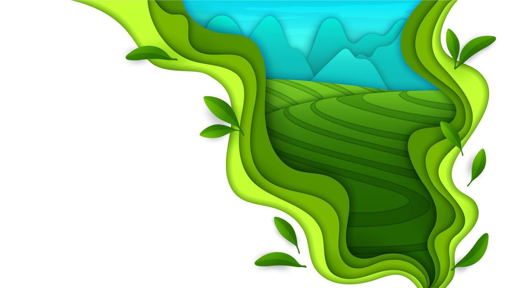Paper cut landscape of tea plantations fluid frame vector