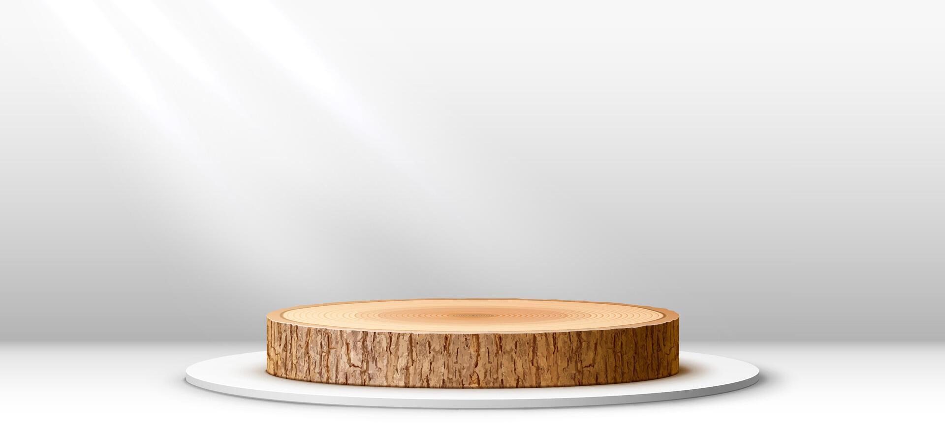 Wooden podium stage, tree bark pedestal display vector