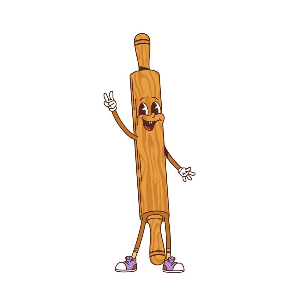 Retro groovy kitchen utensil rolling pin character vector