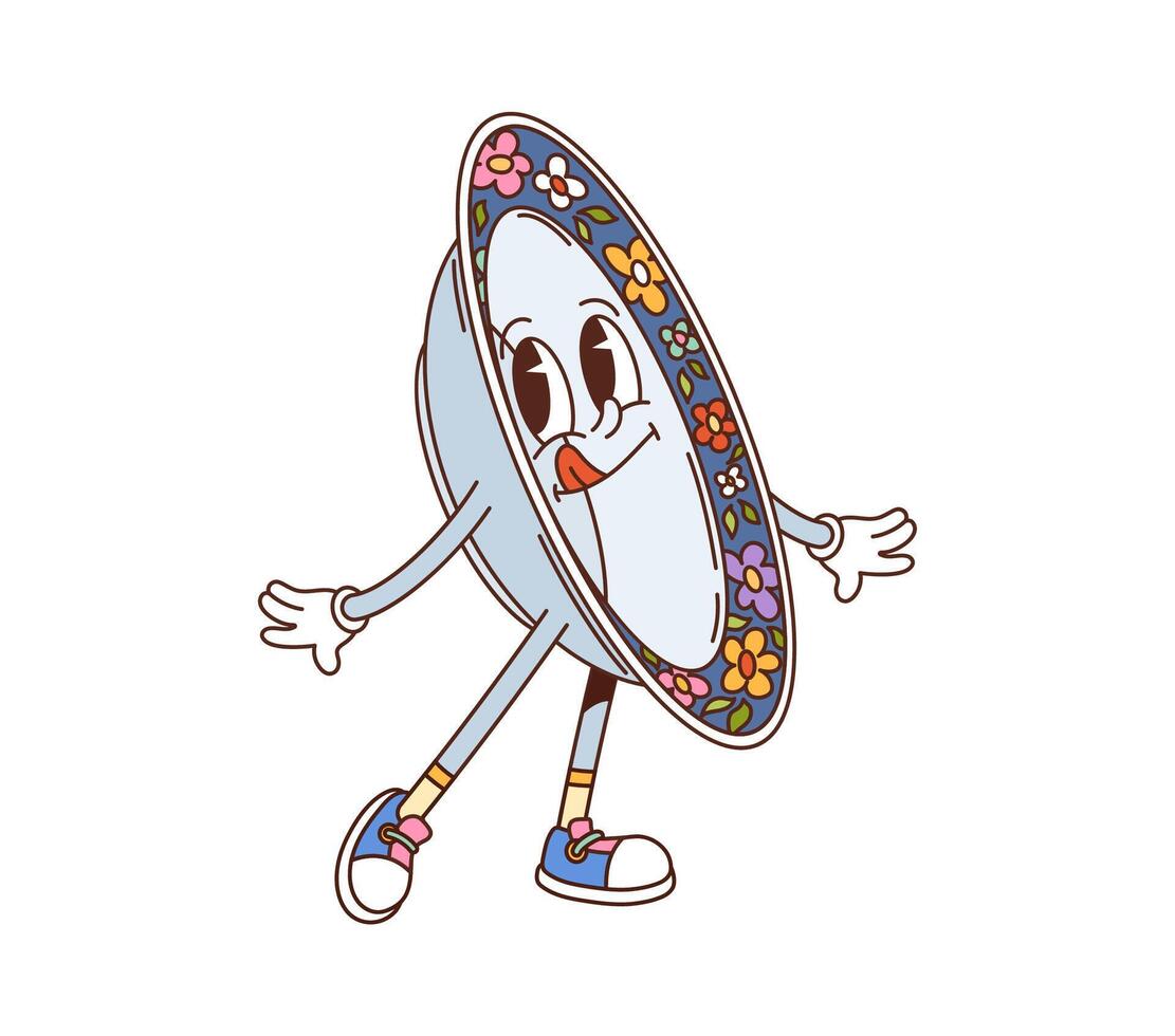 Groovy dish plate retro cartoon funny character vector