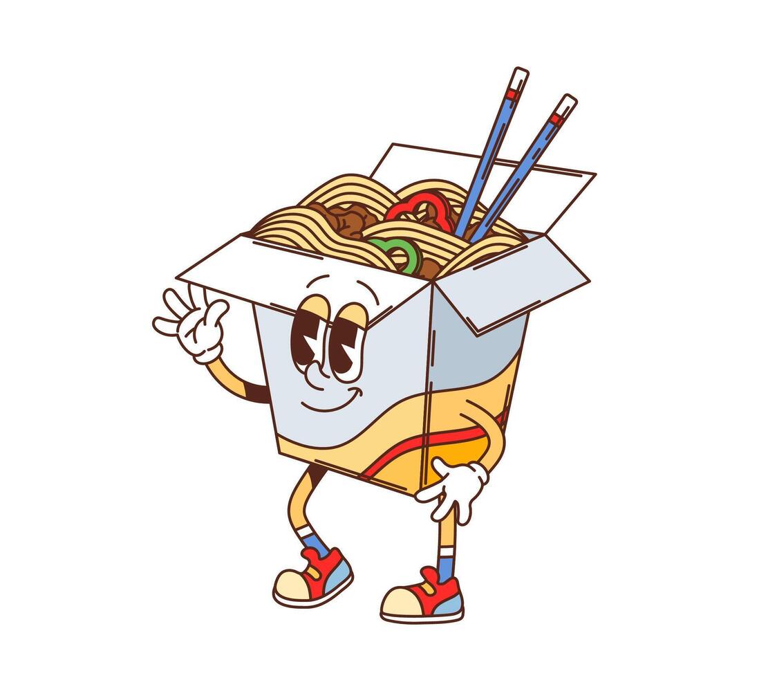 Cartoon groovy fast food wok noodles character vector