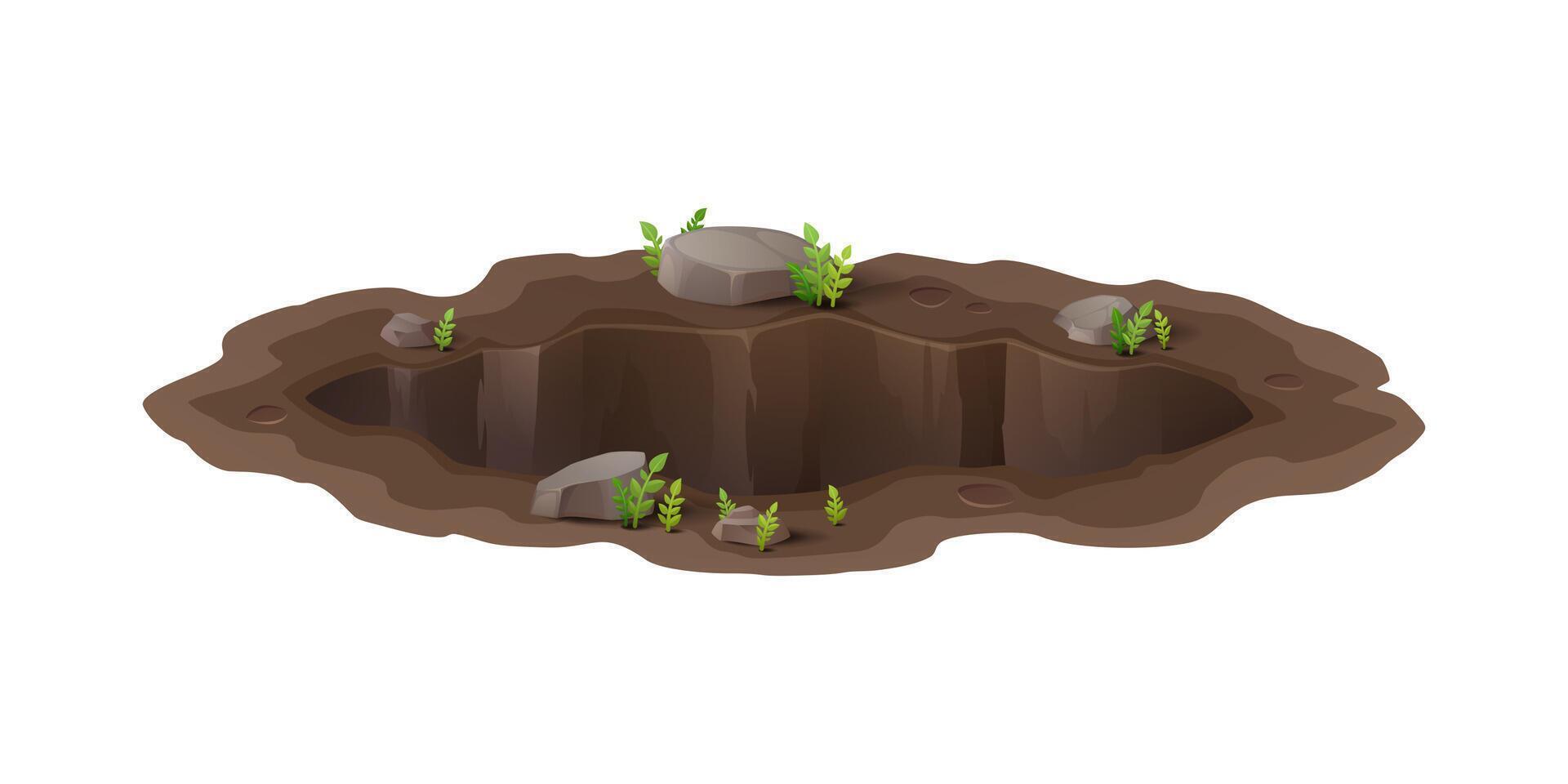 Dirty pit and burrow, cartoon deep ground hole vector