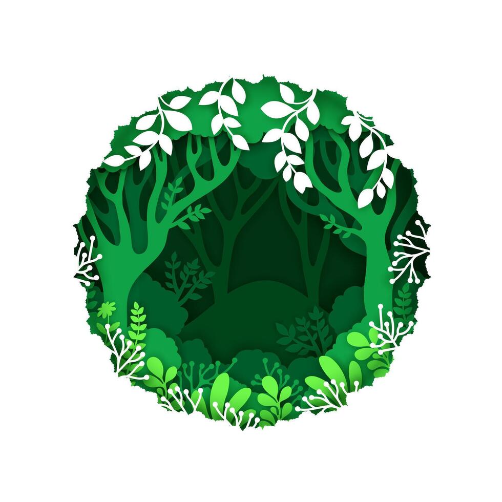 Paper cut green forest, 3d layered frame. vector