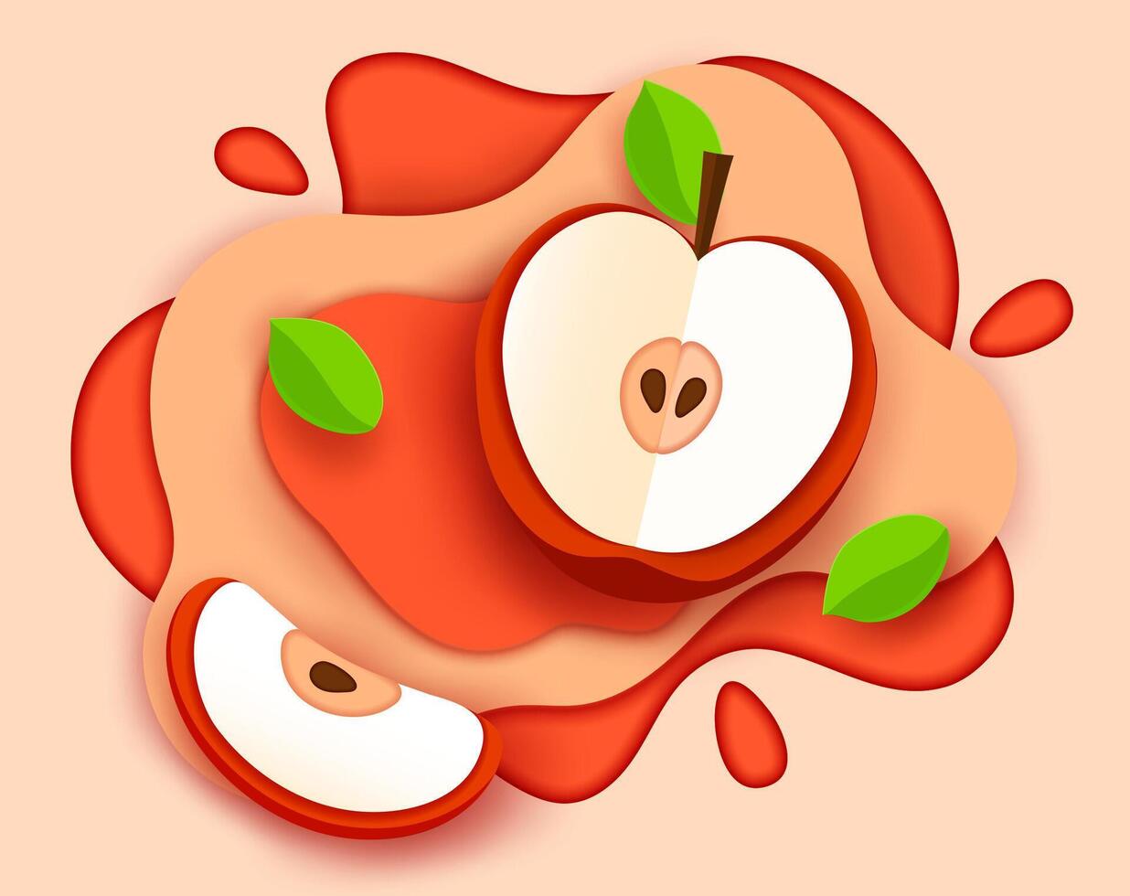 Paper cut apple juice with fruits and drink splash vector