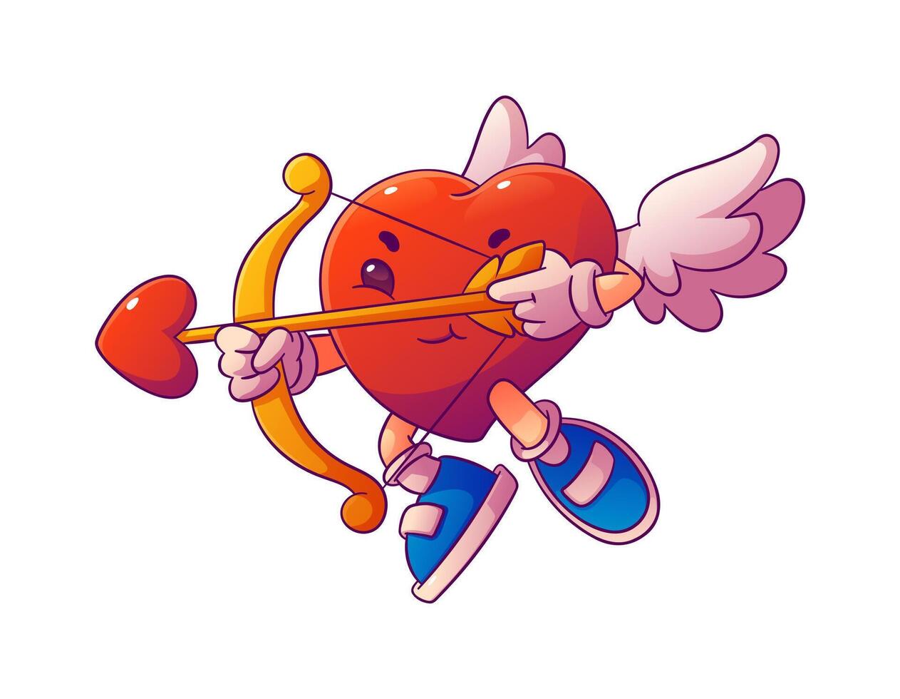 Cartoon groovy valentine day winged heart cupid vector