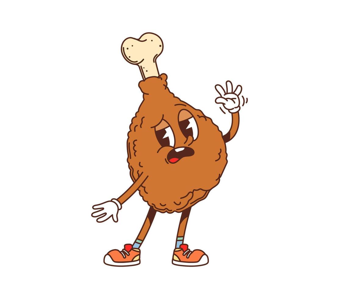 Groovy fast food fried chicken leg character vector