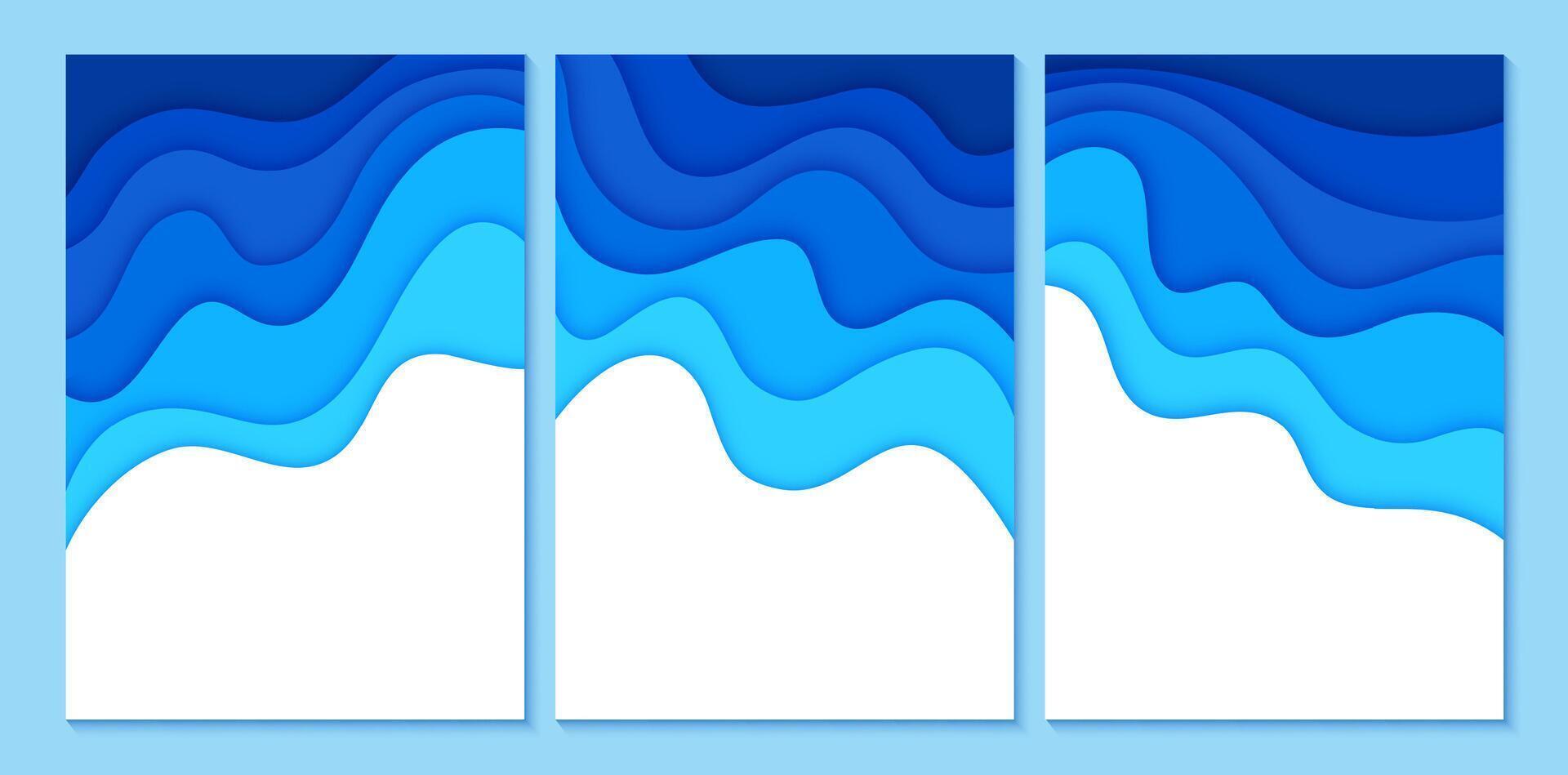 Paper cut blue water waves, sea surface 3d ripples vector