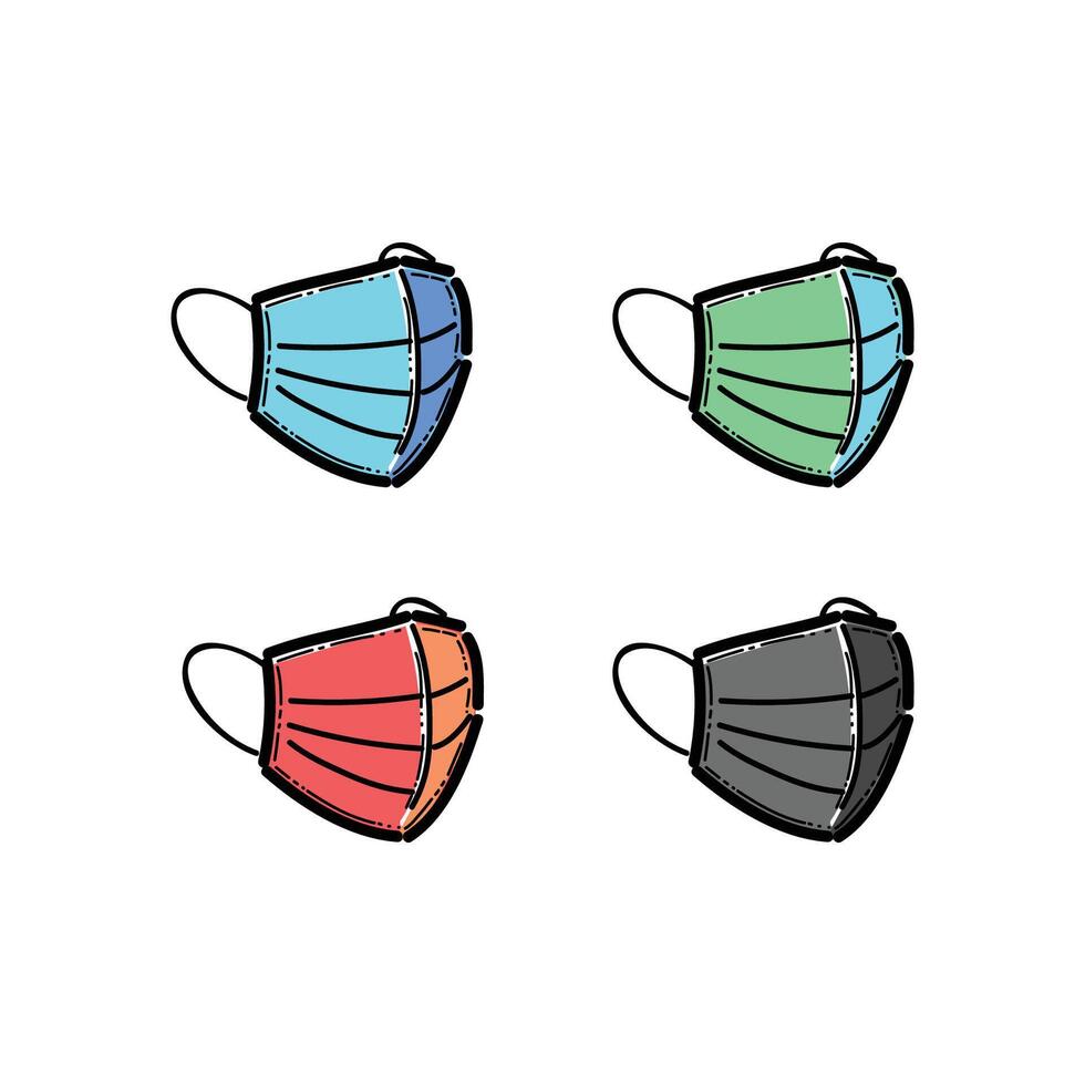 Illustration of four differently colored face masks arranged in a minimalistic layout on a white background. Mask represents distinct colors, symbolizing healthcare, safety, and preventive measures. vector
