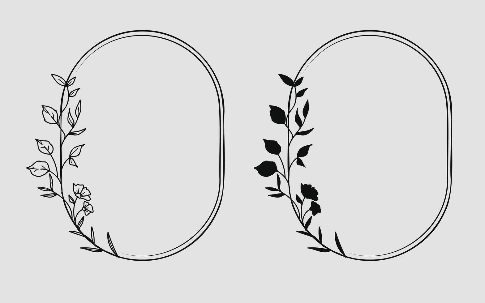 Floral ellipse hand-drawn frame with twigs leaves and flowers collection vector