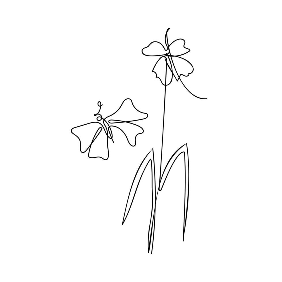 Flower and butterfly line art hand drawn illustration vector