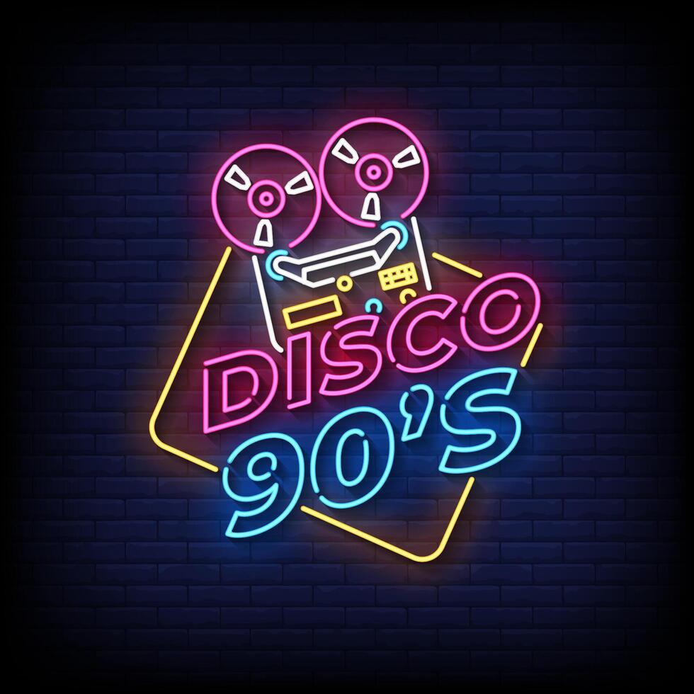 disco 90's neon sign style with brick wall background vector