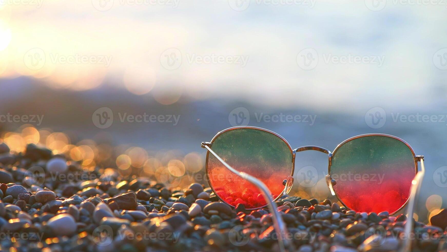 Colorful bright sunglasses on the background of the sea, concept summer vacation at the sea photo