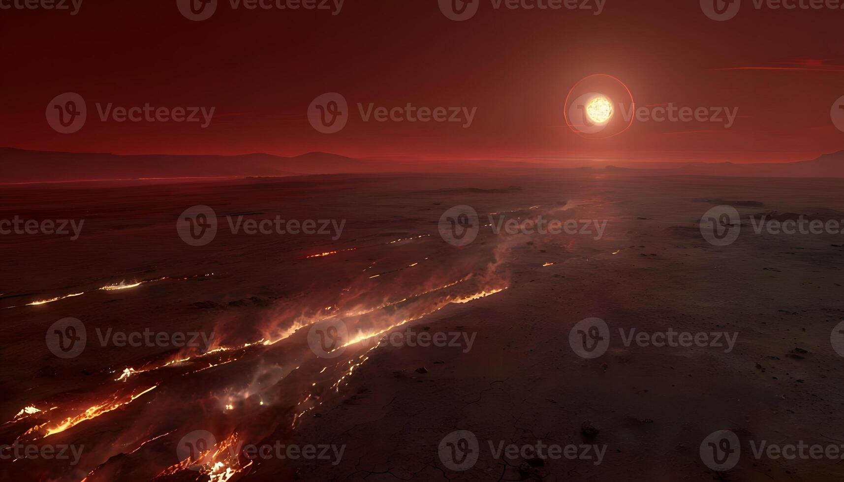 A red planet with a bright sun in the distance photo