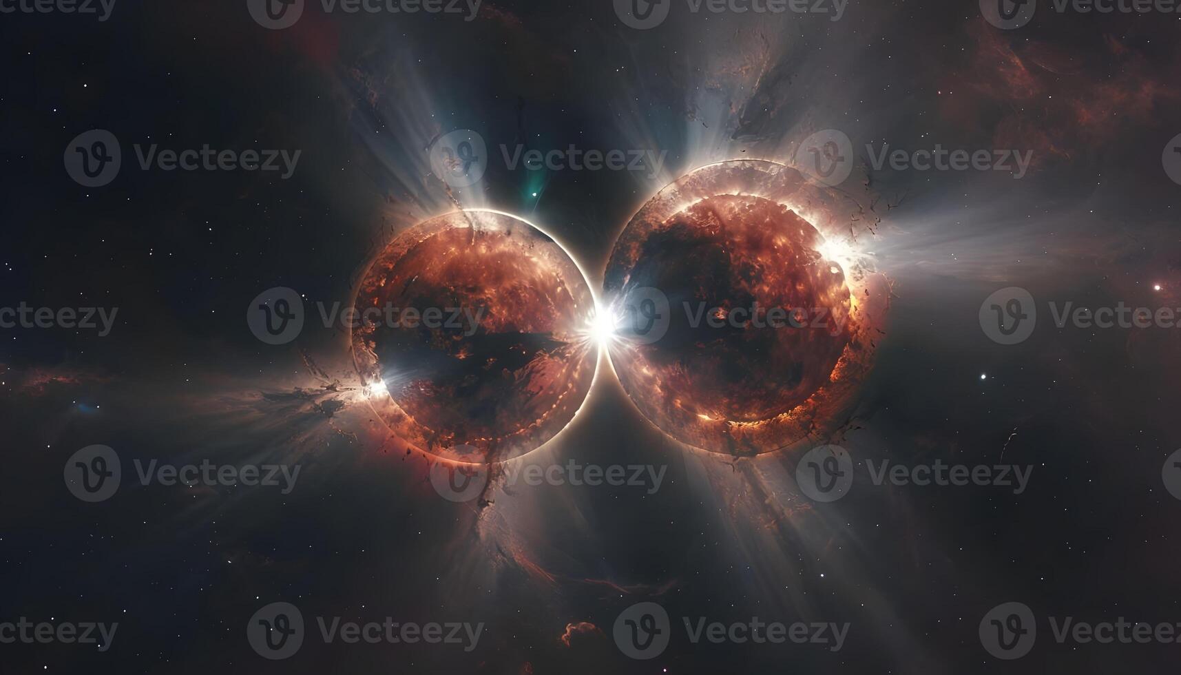 Two stars in space with a bright light coming from one of them photo