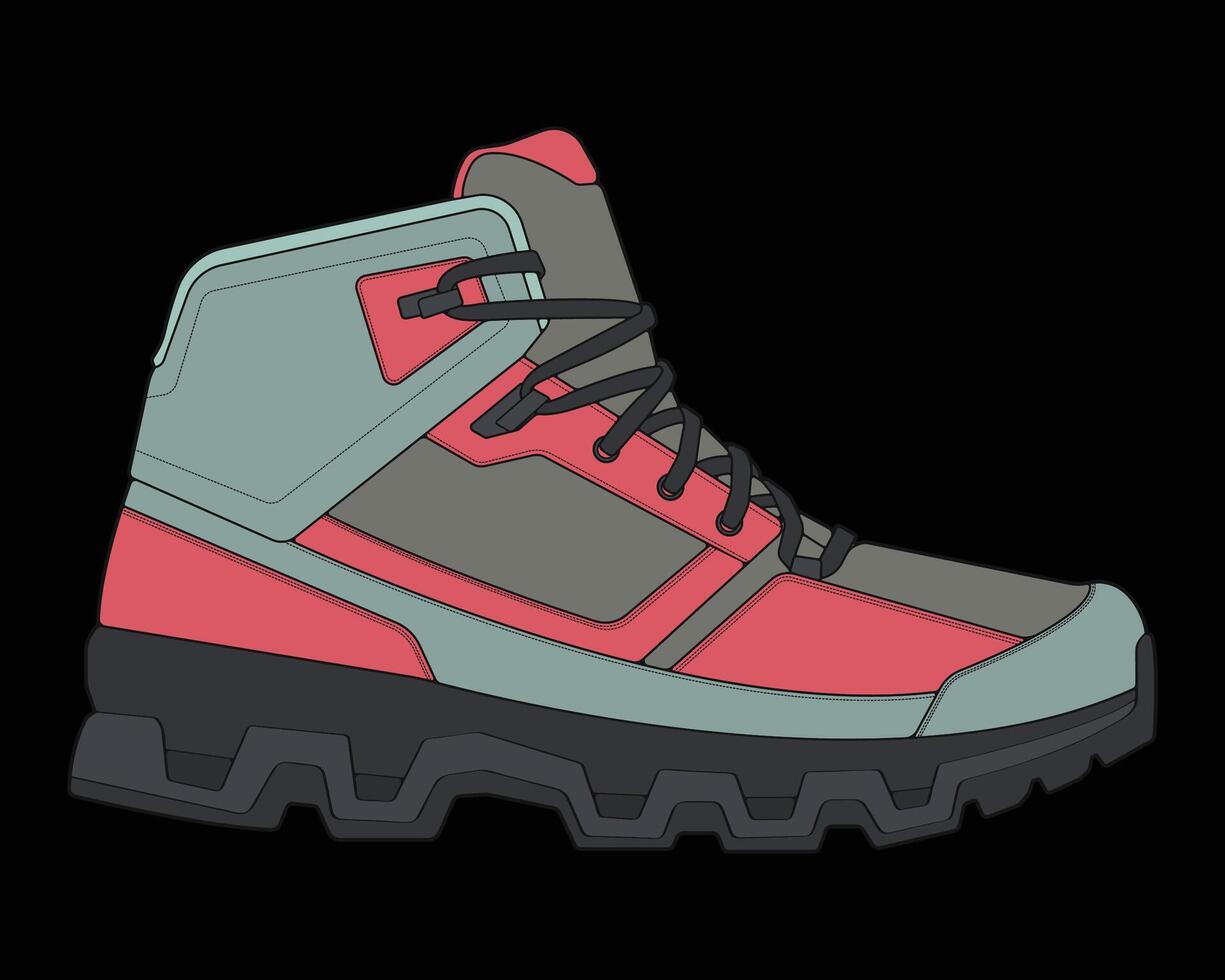 Hiking or trekking boots illustration. Fashion casual walking footwear. Trendy hiking shoes with flat sole and laces. Illustration flat hand draw isolated on the white background vector