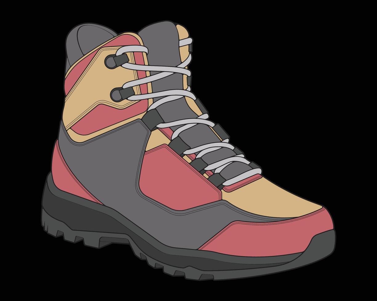 Hiking boots illustration. Illustration boots. Side view hiking boots isolated with black background vector