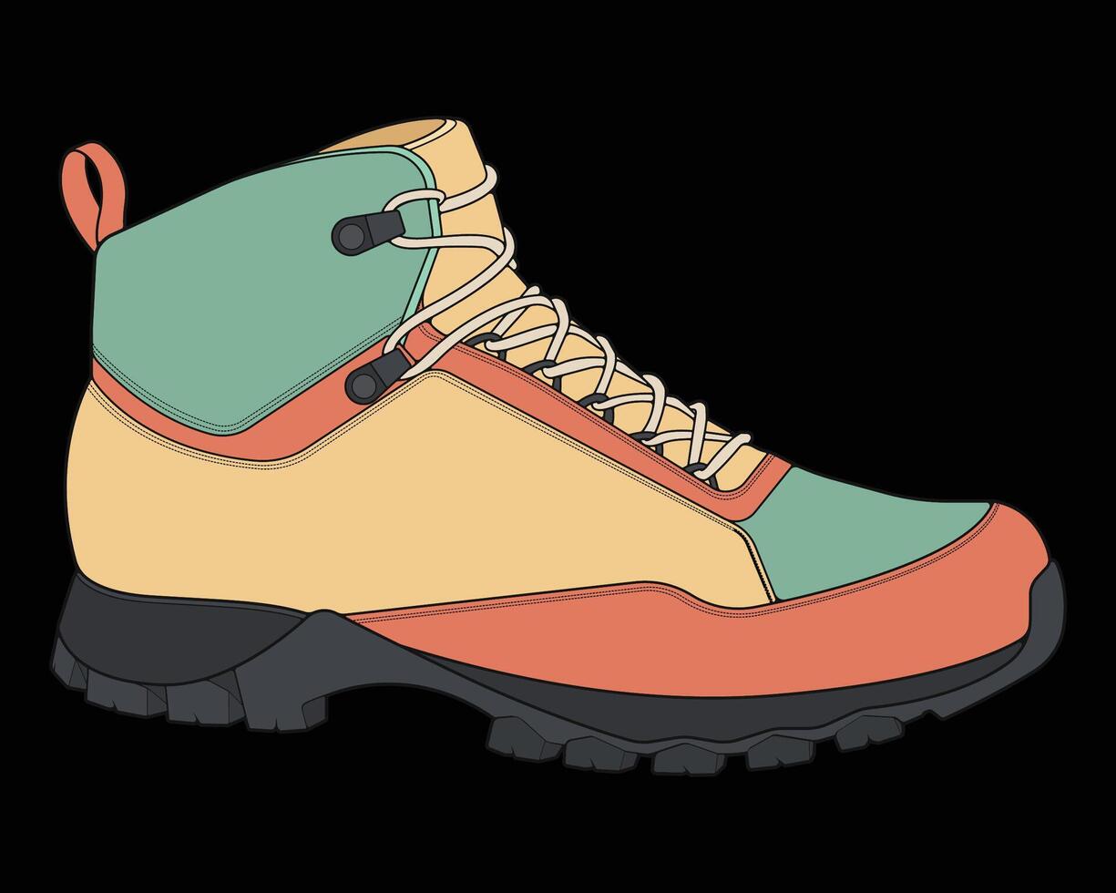 Hiking or trekking boots illustration. Fashion casual walking footwear. Trendy hiking shoes with flat sole and laces. Illustration flat hand draw isolated on the white background. vector