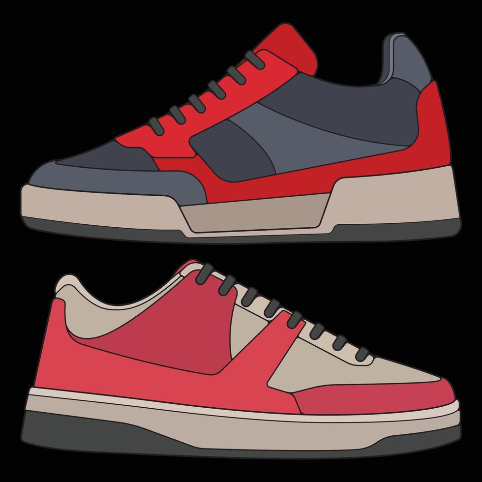 two different colored sneakers on a black background vector
